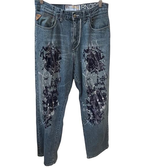 Akademiks Paint Splatter Jeans Mens Size 32 Relaxed Fit Medium Wash Casual - Picture 1 of 10